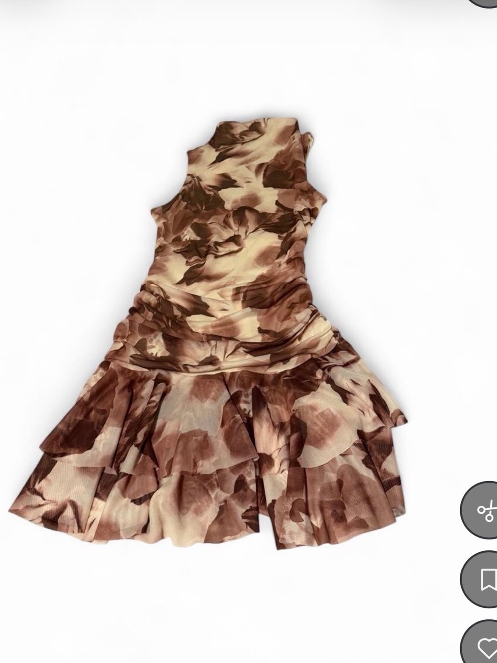 Ruched Floral-Print Sleeveless Mini Dress in Beige and Brown